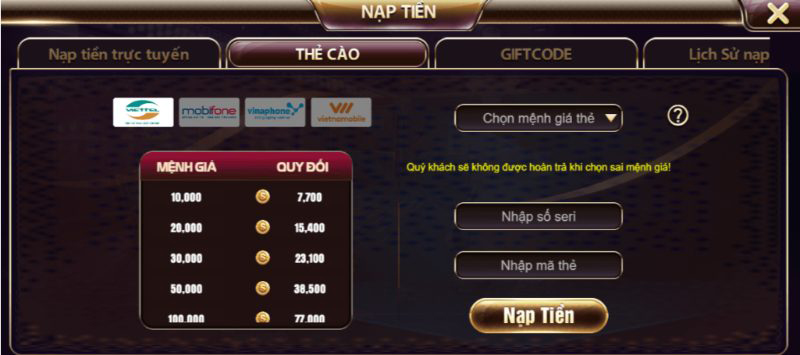 Hướng dẫn nạp tiền tại TDTC thẻ cào